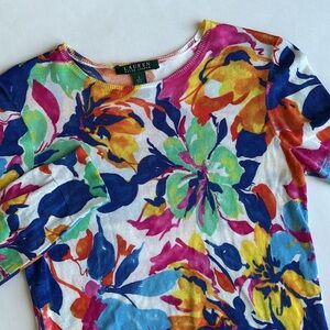 Vintage Ralph Lauren Colorful White Floral‎ Knit Cotton Sweater Women’s Small
